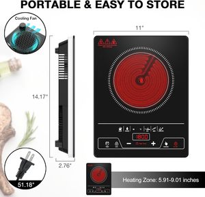 VBGK Tragbarer 2000W Einzelkocher mit LED-Touch-Steuerung, 8 Leistungsstufen, für den Außenbereich, aus gehärtetem Glas, mit Kindersicherung - Product Image 3