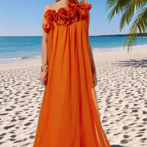 Robe de soirée longue orange asymétrique à volants, taille empire, dos nu, pour femme, idéale pour l'été et les occasions formelles - Product Image 3