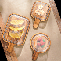 ESTICK Plat à fruits en bambou naturel avec couvercle en verre transparent – Idéal pour desserts, comptoir de cuisine, collations, fromages et conservation quotidienne