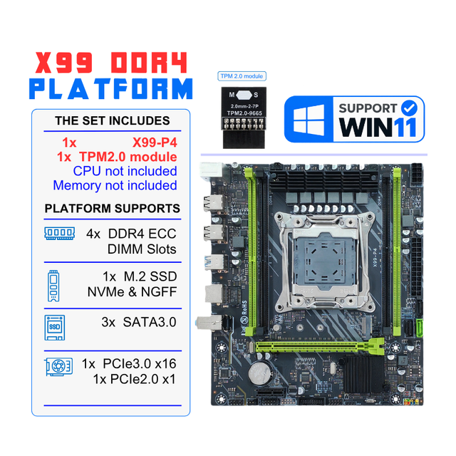 New X99-P4 C612 Chipset Motherboard with TPM2.0 Supports Intel Xeon 4X DDR4 ECC RAM UEFI Secure Boot Win11 X99 Motherboard