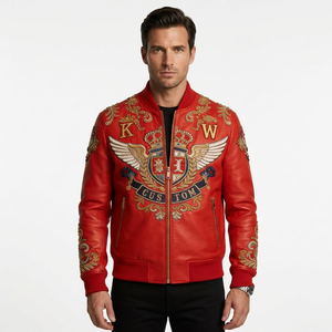 Giacca Streetwear in Vera Pelle di Agnello di Alta Qualità con Applicazioni Ricamate e Patchwork, Produzione OEM con Basso MOQ - Product Image 3