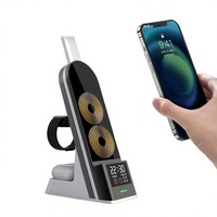Lampe de bureau à charge sans fil magnétique 3 en 1 avec chargeur de téléphone 15W, support pour montre connectée et écouteurs, horloge, alarme, sortie Type-C