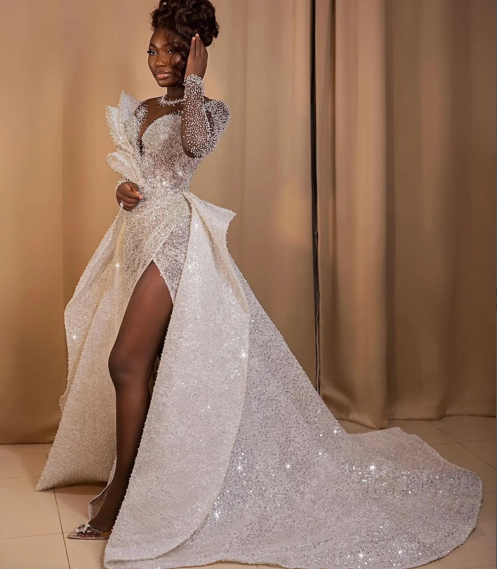 Африканские Свадебные платья-Русалка со съемными длинными рукавами и жемчугом