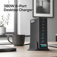 Station de charge GaN 380W pour bureau, 8 ports, alimentation intelligente 5C3A, affichage LED en temps réel, support antidérapant, pour bureau de jeu