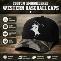 Casquette de baseball western personnalisée brodée, visière camouflage, réglable, en sergé de coton, faible MOQ 20 pièces, vente en gros usine