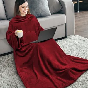 家用电视毯法兰绒羊毛可穿戴毛毯带袖沙发羊毛毛毯