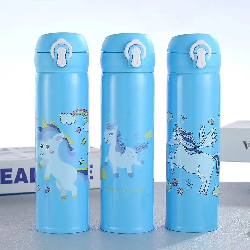 Toptan 500ml içecek su şişeleri paslanmaz çelik çift duvar vakum yalıtımlı sevimli karikatür çocuklar unicorn şişe okul için