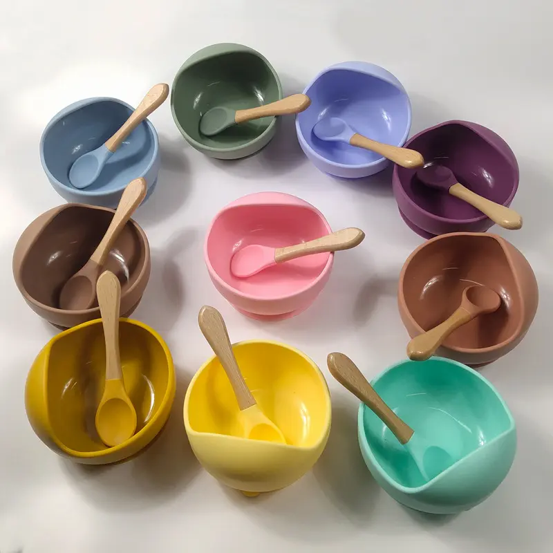 Peralatan makan bayi suplemen makanan bahan silikon 360 350ml Set alat makan mangkuk bayi dengan cangkir hisap sendok garpu