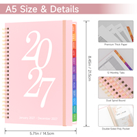 Agenda annuel personnalisé A5, couverture rigide en PU/papier, carnet à spirales, onglets mensuels colorés, bande élastique, agenda de haute qualité, facile à utiliser