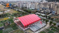 Tenda Pernikahan Merah Rangka Aluminium Alloy Kanopi Tahan Air untuk 800-1000 Orang Upacara Luar Ruangan Pesta Perjamuan
