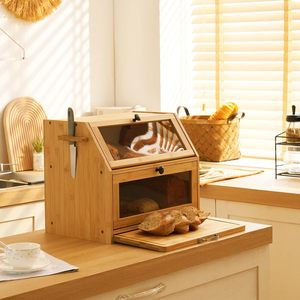 กล่องขนมปังไม้ไผ่สองชั้นพร้อมประตูกระจกสำหรับจัดเก็บอาหารในครัว ใช้บนโต๊ะ - Product Image 4