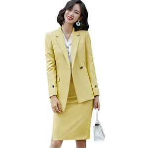 Wholesaler 2 Piece Elegant Formal Asymmetry Skirt Suit Fashion White Blazer Office Lady Uniform Designs Women Business Sets