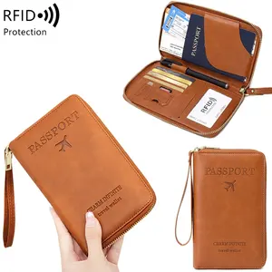 Solid color RFID Portable Passport Holder Multifunctional Airplane Ticket Clip With Wrist Strap Travel Credit Card Holder Wallet