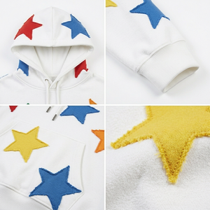 Men's White Pullover Hoodie with Multicolor Chenille <b>Star</b> Patches - Streetwear Fleece Hooded Sweatshirt with Kangaroo Pocket - Product Image 5