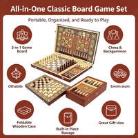 Jeu d'échecs international portable haut de gamme en bois à motif foncé, trois-en-un, pliable, avec jeux de cartes et de société, pour enfants, en boîte