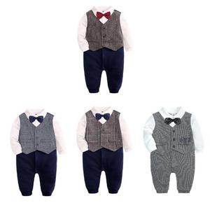 Combinaison de cérémonie élégante pour nouveau-né garçon 2021, style gentleman, à manches longues, avec nœud papillon, tenue de smoking, vêtements pour bébé de 0 à 24 mois - Product Image 1