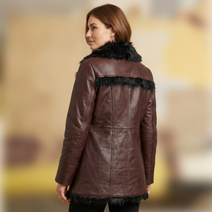 <b>Women's</b> Genuine Leather <b>Coat</b> Brown Faux Fur Collar Double Breasted Winter Warm Fashion Leather Jacket Custom Outerwear - Product Image 2