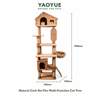 Arbre à chat multifonction à six niveaux en liège naturel et bois massif - Tour d'escalade haute avec maisonnet sur le dessus YAOYUE