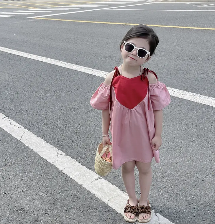 2024 sommer kinder mädchen puffärmel elegantes rosa kleid mit herz