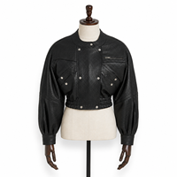 Blouson court pour femme en peau de mouton véritable noir obsidienne, fermeture éclair, col rond, écologique, anti-rides, automne