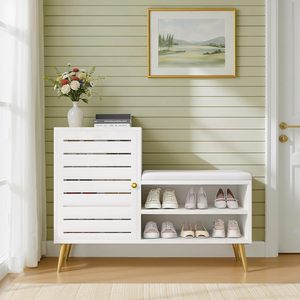 Banco moderno de madera para guardar zapatos con puerta y estante, banco para recibidor con cojín, mueble para sala de estar, pasillo y <span class=keywords><strong>dormitorio</strong></span> - Product Image 1
