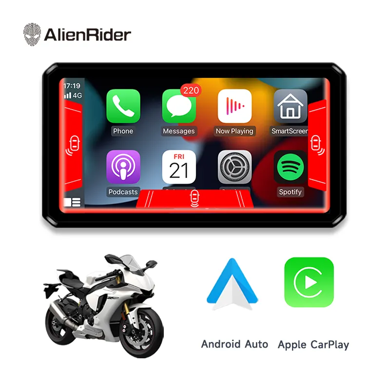 Motosiklet CarPlay Android oto AlienRider M2 Pro navigasyon çift kayıt Dash kamera ile 6 inç dokunmatik ekran 77GHz Radar