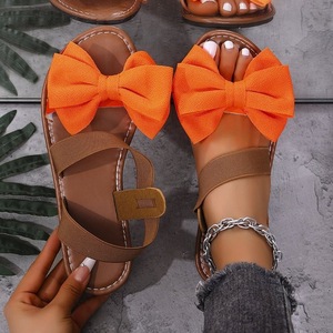 Women Plus Size Flat <b>Sandals</b> Bow Decor <b>Elastic</b> Ankle Strap Lightweight Summer Casual Beach Footwear - Product Image 2