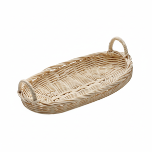 ถาดเสิร์ฟหวายรูปไข่ทอมือพร้อมหูจับ - ตะกร้าขนมปังหวายธรรมชาติสำหรับห้องครัว จัดแสดงผลไม้ และอาหารเช้าบนเตียง - Product Image 1