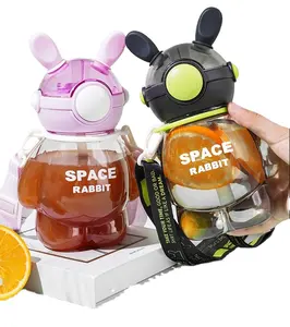 Children Cartoon Cool Bear Shaped Cute Plastic Water Bottle With Bounce Lid And Straw Portable Outdoor For Kids School