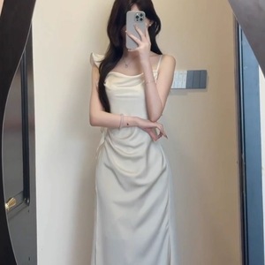French Style <b>Satin</b> <b>Halter</b> Neck Dress Natural Waist Asymmetric Midi Evening Dress Solid Color Comfortable Fit - Product Image 3