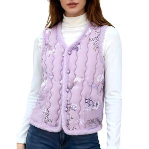 Elegante Chaleco de Invierno de Inspiración Asiática, con Estampado Floral y Detalles de Terciopelo Suave, Prenda Exterior Estilosa para Mujeres de Mediana Edad - Product Image 6