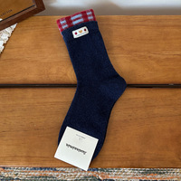 Chaussettes mi-mollet en polaire chaudes pour femmes, printemps, automne et hiver, en rouge et bleu, chaussettes en polaire rayées à petit ours