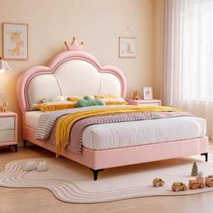 Letto Principessa di Lusso Rosa con Testiera a Corona Dorata, Graziosa Struttura Imbottita per Cameretta Bambine, Moderno Letto <span class=keywords><strong>da</strong></span> <span class=keywords><strong>Sogno</strong></span> per Bambini - Product Image 1