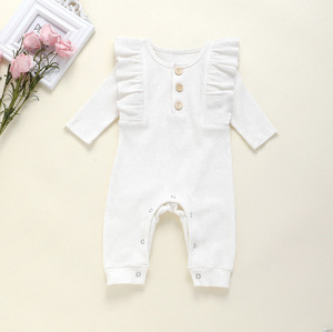 Combinaison-<span class=keywords><strong>pyjama</strong></span> en coton biologique blanc pour bébés filles, adorable, à col côtelé et manches longues, vente en gros - Product Image 3