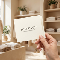 Tarjetas de agradecimiento personalizadas para ropa, color crema marfil, plegables, con impresión minimalista en serifo, inserto de marca, consejos de cuidado y código QR para boutiques de ropa.