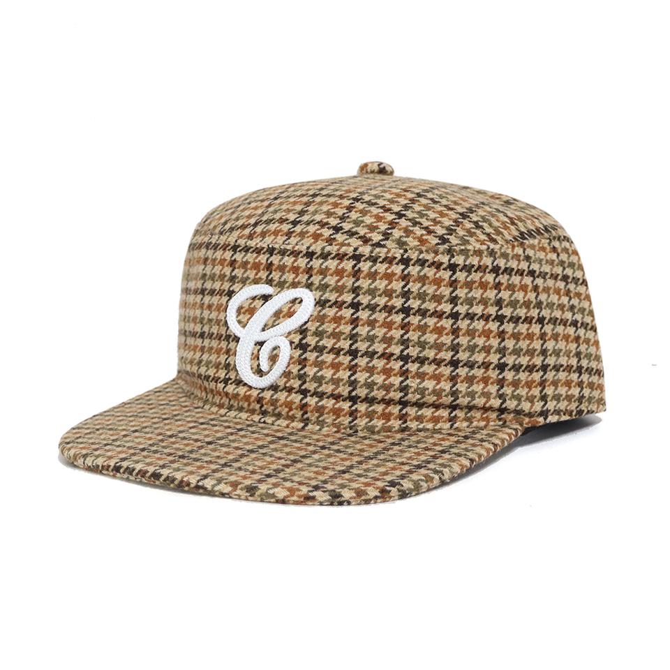 Wholesale 2025 New Design Men's Wool Plaid Unstructured 5-panel Hat Custom High Quality Embroidery Logo Flat Top Pillbox Caps