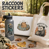 Autocollants en vinyle découpés sur mesure avec logo holographique pour la collection Aventure Raccoon Outdoorsy de l'entreprise, autocollants adhésifs