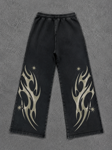 Pantalones de chándal vintage para hombre, lavados al ácido, acampanados, con estampado gráfico gótico de llamas y estrellas, holgados, de pierna ancha, con cordón, estilo streetwear - Product Image 2