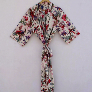 Bird Print Cotton <b>Kimono</b> Robe V Neck Loose Fit <b>Beach</b> Cover Up Summer Loungewear for Women Hand Print Cotton <b>kimono</b> Night wear - Product Image 1