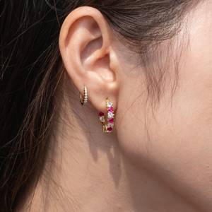 Ruby trái tim màu đỏ CZ bên trong ra ngoài Hoop 925 Sterling Bạc phụ nữ trang sức mạ vàng bông tai - Product Image 2