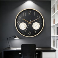 Horloge murale analogique à quartz silencieuse en métal noir et or de 14 pouces avec thermomètre et hygromètre, fonctionne sur piles