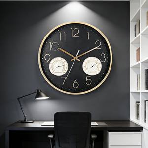 Reloj de Pared de Cuarzo Silencioso de 14 Pulgadas, Negro y Dorado, con Termómetro y Higrómetro, Funciona con Batería, para Oficina Corporativa - Product Image 3