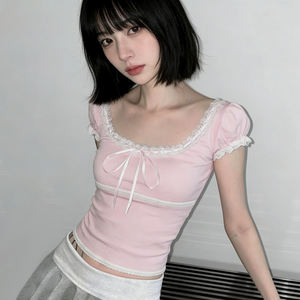 Fresh Pink Lace Trim Square Neck Bow Tie T Shirt Puff Sleeve Short Sleeve <b>Top</b> Cute Playful Summer Tee - Product Image 2