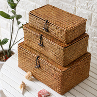 Boîte de rangement en paille tressée avec couvercle, organisateur de bureau, boîte d'emballage créative faite à la main de style japonais pour télécommande, cadeau