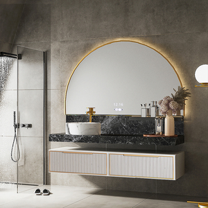 OPPOLIA Mueble de Baño Suspendido de Metal Arqueado Semicircular con Lavabo, Espejo y Lavamanos de Cerámica Acanalado - Product Image 2