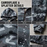 Sweat à capuche zippé camouflage entièrement personnalisé pour homme, délavage vintage, effet éclaboussures de peinture, effet usé et déchiré, streetwear épais, commande d'essai en gros