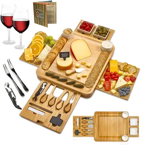 Bamboo Wood Cheese Board With Knife Fork Sets Wood Charcuterie Platter For Wine Cheese Meat