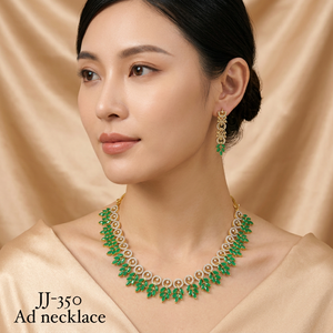 ชุดสร้อยคอทองเหลืองชุบทองประดับเพชรอเมริกันและพลอยสีเขียวสำหรับผู้หญิง เครื่องประดับเจ้าสาวสไตล์อินเดีย พร้อมต่างหู - Product Image 2