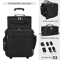 Pour les professionnels, étui de maquillage de voyage détachable à fermeture éclair en nylon noir 2 en 1 de grande taille