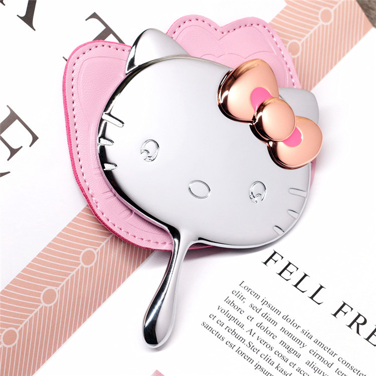 Высококачественное металлическое зеркало Hello Kitty с кожаной сумкой, портативное косметическое зеркало, ручное мини зеркало для туалетного столика, зеркало для макияжа
